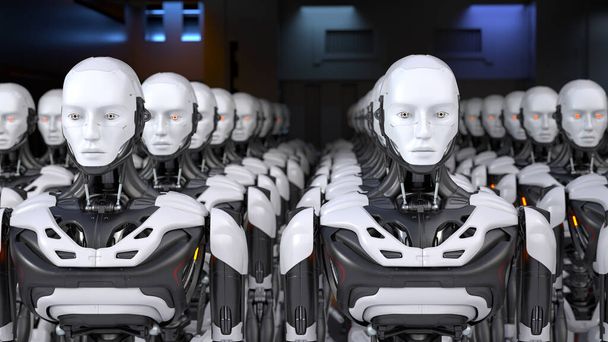 Leger robotwerkers op een rij. 3D illustratie - Foto, afbeelding