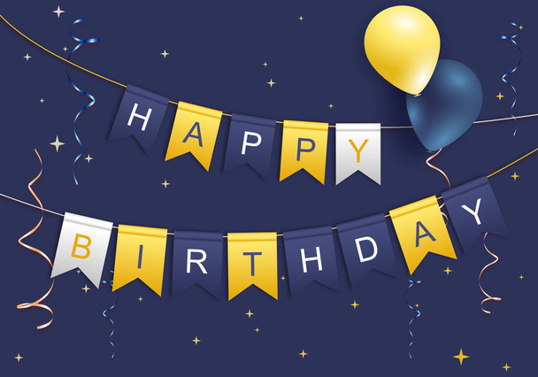 С днем рождения дизайн для голубых открыток с красочными флагами, воздушными шарами и конфетти - Вектор,изображение