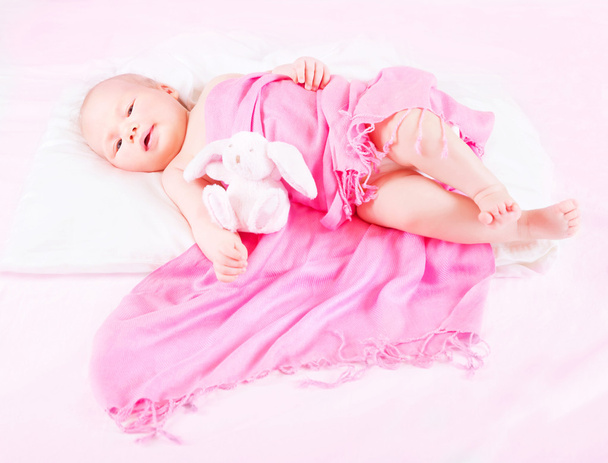 Sweet newborn baby with soft toy - Foto, Imagem