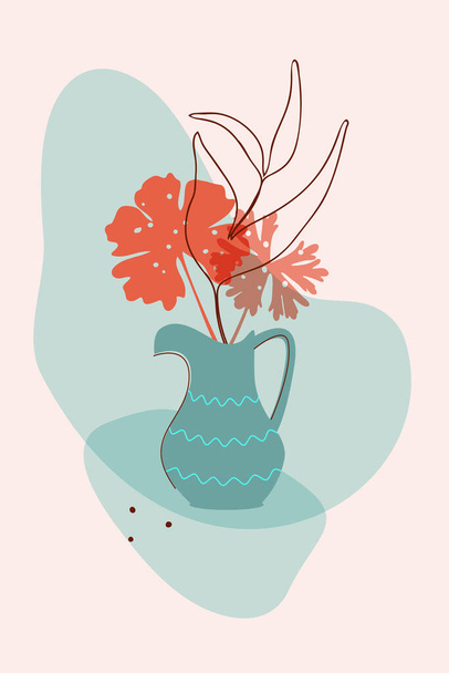 Cartel botánico minimalista vectorial, estilo boho plano dibujado a mano, tarro azul decorado, flor, formas transparentes abstractas - Vector, imagen