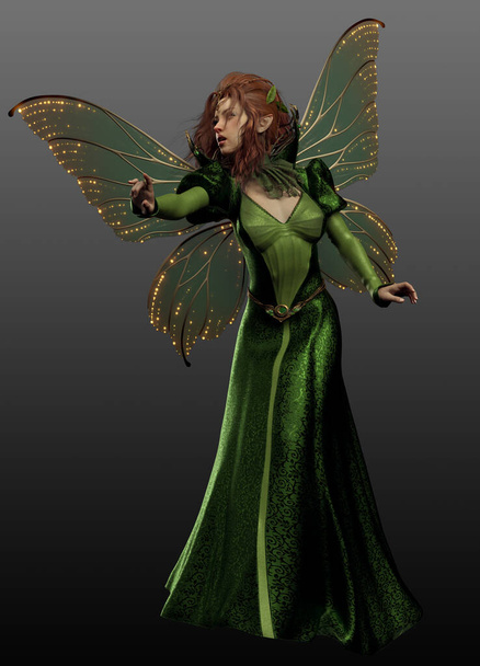 Fantasy Fae Princess w zielonej sukni z zielonymi i złotymi skrzydłami motyla - Zdjęcie, obraz