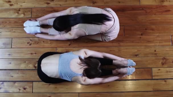 Due donne magre che si allenano insieme in palestra - sedute sul pavimento e appoggiate in avanti - Filmati, video