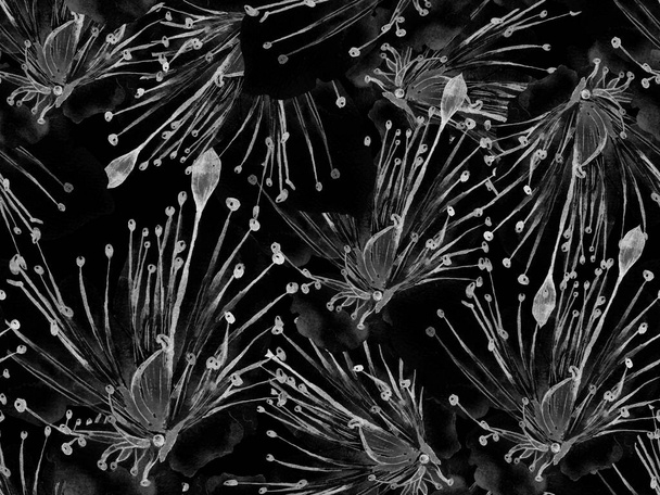 Смелый цветочный отпечаток. Большой гавайский бесшовный принт на черно-белом фоне. Большой весенний джунгли акварель Granadilla Бесконечный фон. Trendy Bold Flower Print. - Фото, изображение