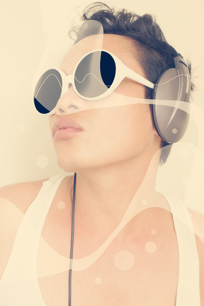 Man Listening To Music,Vintage Look,Add Your Text On Sunglasses For More Result - Foto, afbeelding