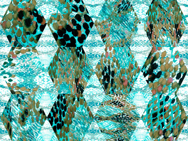 Snake Skin Random Texture. Geo Symmetric Ikat Rapport. Navy Blue and Indigo Watercolor Ethnic Design. Summer Rhombus Background. Vibrant Geometric Swimwear Pattern. Ethnic Seamless Pattern. - Photo, Image