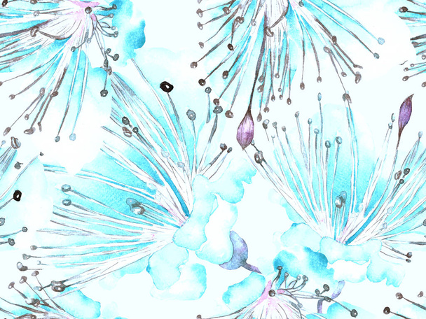 大胆な花模様。ビッグジャングルシームレス印刷上の青、インディゴの背景。ビッグジャングル夏の水彩丸屋無限の背景。モダンボールドフラワーパターン. - 写真・画像