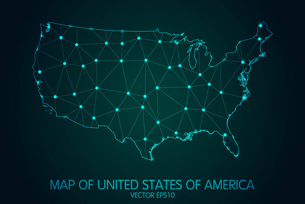 Carte des États-Unis d'Amérique - Avec des échelles de points et de lignes lumineuses sur le fond de gradient sombre, des connexions réseau polygonales en maille 3D.. - Vecteur, image