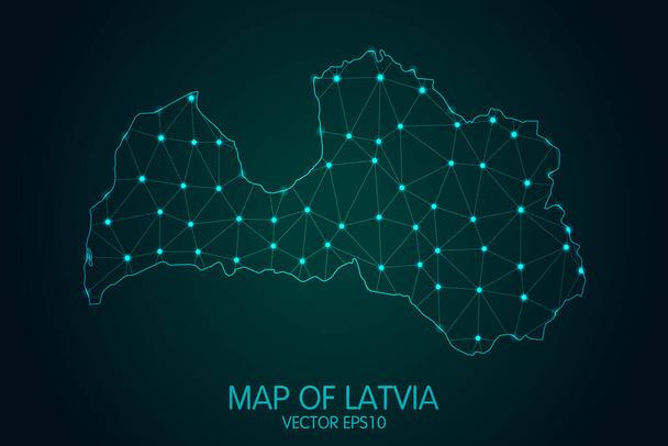 Carte de Lettonie - Avec des échelles de points et de lignes lumineuses sur le fond sombre du gradient, des connexions réseau polygonales en maille 3D.. - Vecteur, image