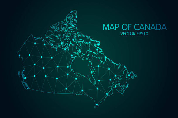Carte du Canada - Avec des échelles de points et de lignes lumineuses sur le fond sombre du gradient, des connexions réseau polygonales en maille 3D.. - Vecteur, image