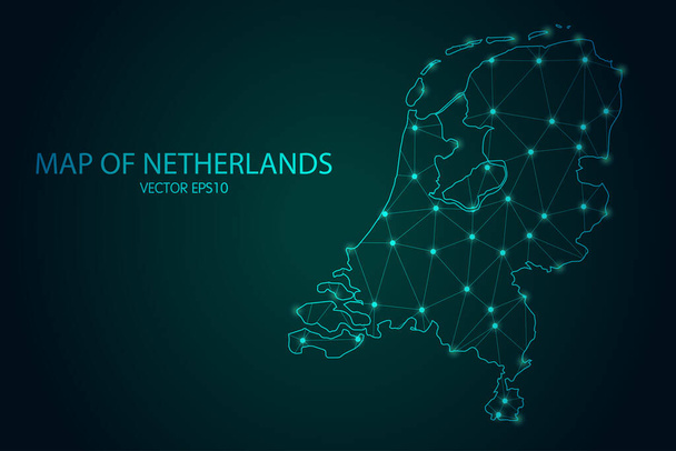 Carte des Pays-Bas - Avec des échelles de points et de lignes lumineuses sur le fond sombre du gradient, des connexions réseau polygonales en maille 3D. Illustration vectorielle Eps10. - Vecteur, image