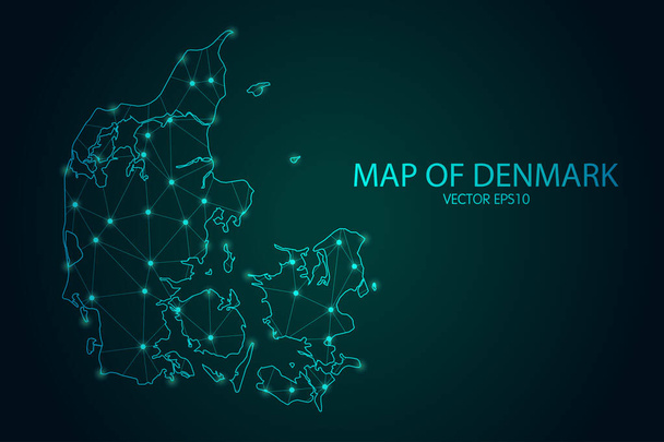 Landkarte von Dänemark - Mit glühenden Punkten und Linienskalen auf dem dunklen Gradientenhintergrund, polygonalen Netzwerkverbindungen in 3D-Maschen.Vektorillustration Folge 10. - Vektor, Bild