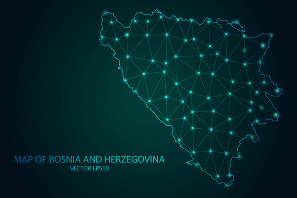 Carte de Bosnie-Herzégovine - Avec des échelles de points et de lignes lumineuses sur le fond sombre du gradient, des connexions réseau polygonales en maille 3D. Illustration vectorielle eps10. - Vecteur, image