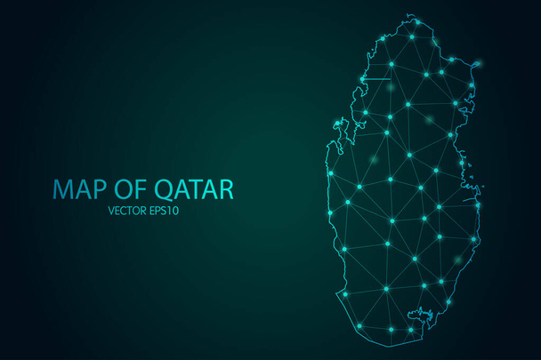 Карта Катара - с мерцающей точкой и масштабами линий на тёмном градиентном фоне, многоугольные сетевые соединения 3D-сетки. Векторные иллюстрации. - Вектор,изображение