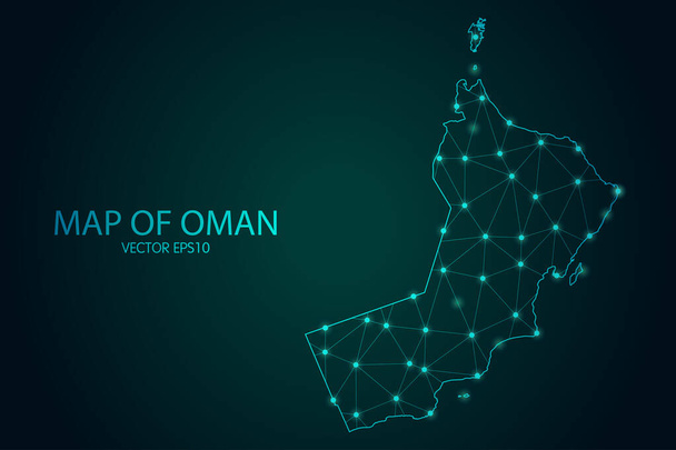 Carte d'Oman - Avec des échelles de points et de lignes lumineuses sur le fond gradient sombre, connexions réseau polygonales en maille 3D. Illustration vectorielle eps10. - Vecteur, image