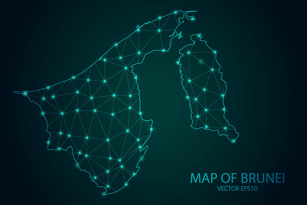 Mappa di Brunei - Con punto luminoso e linee scale sullo sfondo scuro gradiente, connessioni di rete poligonali mesh 3D. Illustrazione vettoriale eps10. - Vettoriali, immagini