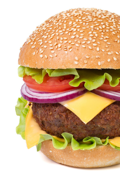 hamburger hús, sajt és elszigetelt fehér zöldségek - Fotó, kép