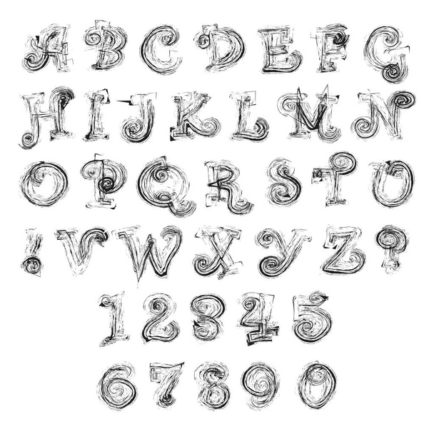 Rasterset: hoofdletters van het Latijnse alfabet, uitroep, vraagtekens en nummers: 1, 2, 3, 4, 5, 6, 7, 8, 9, 0. Zwart-wit abstracte illustratie. - Foto, afbeelding