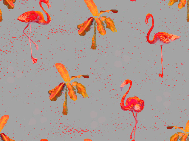 Büyük flamingo hippi kızıl Hawaii 'nin kusursuz deseni. Yaz tropikal kuşları sonsuz baskıyı suluboya. Yaban kuşlarıyla minimalist geometrik mayo arka planı. Flamingolu yatay fayans. - Fotoğraf, Görsel