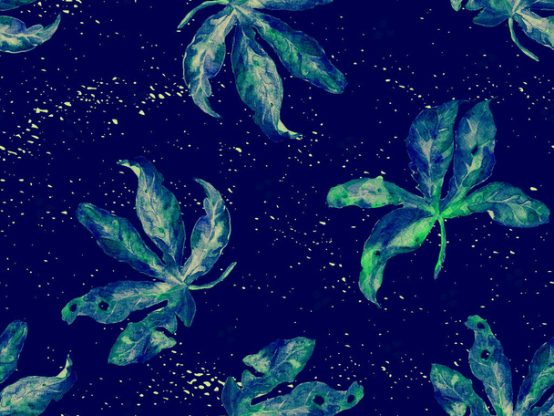 Modèle exotique indigo. Feuilles de Monstera et fleurs d'hibiscus en imprimé d'été. T-shirt hawaïen et tuile de maillot de bain. Conception de texture naturelle de californie horizontale. Bonny design botanique de printemps. - Photo, image