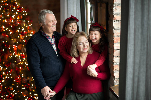 Sisters of the twins celebrate Christmas with their grandparents at the New Year tree. New Year and winter family holidays. - Photo, Image