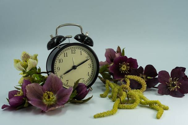 Εσοδεία ρολόι με ανοιξιάτικα λουλούδια. Έννοια χρόνου θερινή ώρα. - Φωτογραφία, εικόνα
