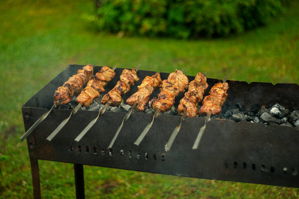 Viande sur des brochettes métalliques, frit sur des charbons dans un gril métallique. Cuisiner le shish kebab dans la nature. - Photo, image