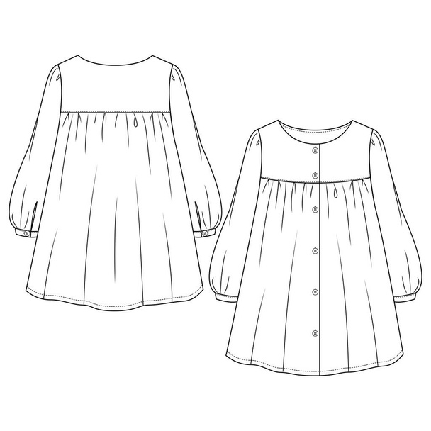 Dziewczynki Maluch Guzik przodu sukienka płaski szkic szablon. Techniczna ilustracja mody dla niemowląt. Lekkie rękawy z latarnią - Wektor, obraz