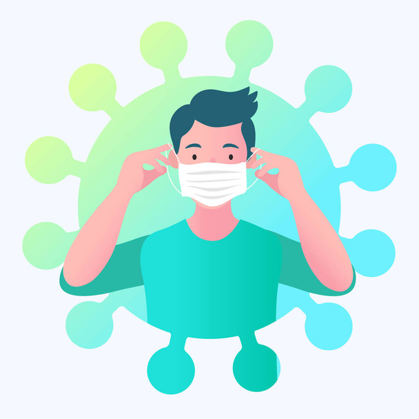 Mies yllään suusuojaus estää sairastumasta töissä tai matkalla töihin. influenssa, flunssa, tartuntataudit. Epidemia, viruksen välttäminen. - Vektori, kuva