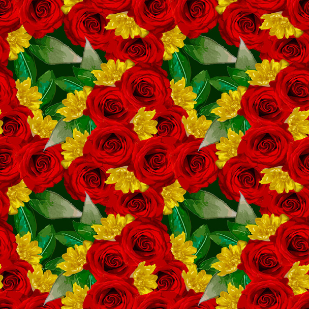La textura perfecta de rosas rojas y crisantemos amarillos. Muchas flores, una alfombra de rosas. Plantas, regalo, vida hermosa, glamour. - Vector, imagen