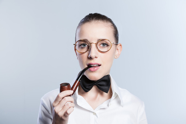 Sexy beautiful model with Bow-tie and pipe - Photo, Image