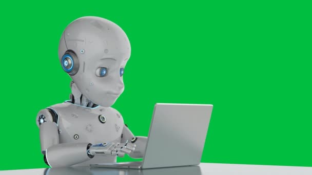 3d rendant robot mignon ou intelligencerobot artificiel travaillant avec ordinateur portable sur écran vert séquences 4k - Séquence, vidéo
