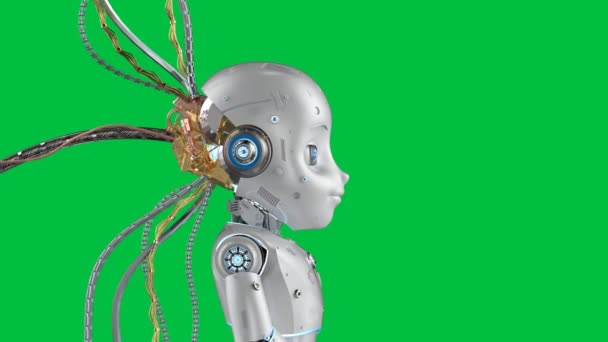 3D рендеринг милый робот или искусственный интеллект с кабелем на зеленом экране 4k кадров - Кадры, видео