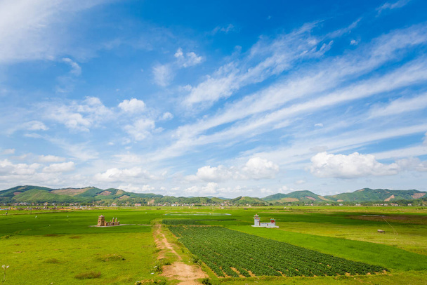 Hermoso paisaje de campos de arroz vívidos verdes en el Parque Nacional Phong Nha Ke Bang en Vietnam. Paisaje rural foto tomada en el sudeste asiático. - Foto, Imagen