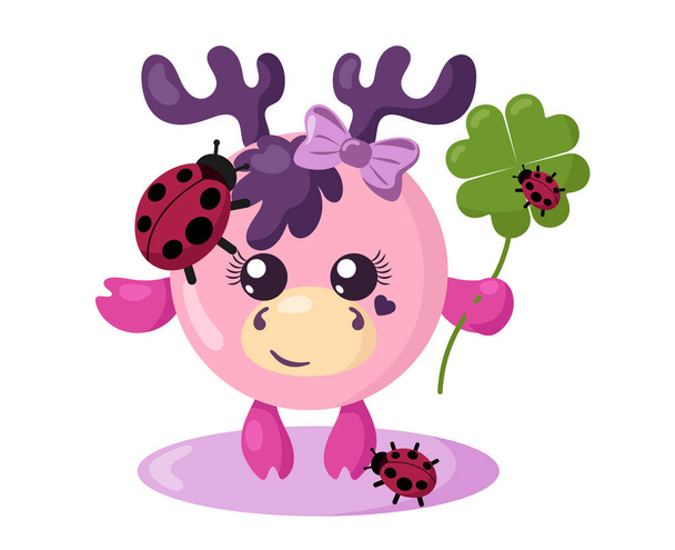 Funny cute smiling moose or deer with round body and ladybugs holding four leaf good luck clover in flat design with shadows. Isolated animal vector illustration - Vector, Image