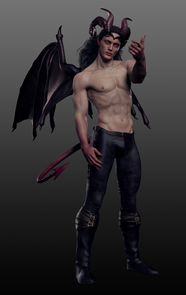Sexy Muscular Mężczyzna Demon lub Diabeł ze skrzydłami smoka i ogonem - Zdjęcie, obraz