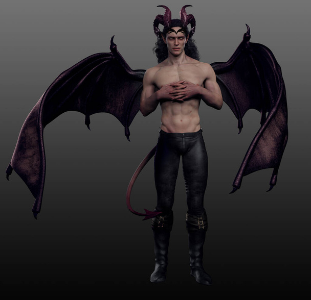 Sexy muscular macho demonio o diablo con dragón alas y cola - Foto, imagen