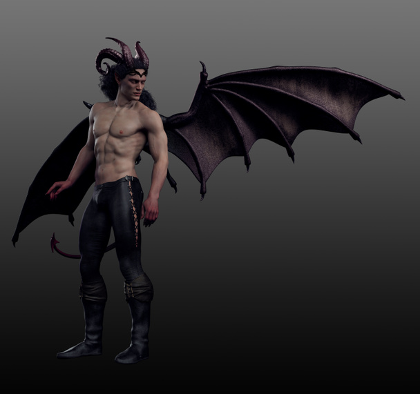 Demone maschio muscolare sexy o diavolo con ali e coda di drago - Foto, immagini