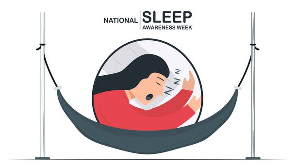 Settimana nazionale della consapevolezza del sonno è NSFs campagna nazionale di educazione pubblica per migliorare la salute e il benessere. Illustrazione vettoriale in stile piatto. dal 14 al 20 marzo 2021. - Vettoriali, immagini