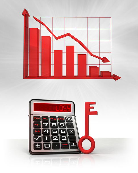 czerwony przycisk, aby przełamać negatywne biznes obliczeń i wykres - Zdjęcie, obraz
