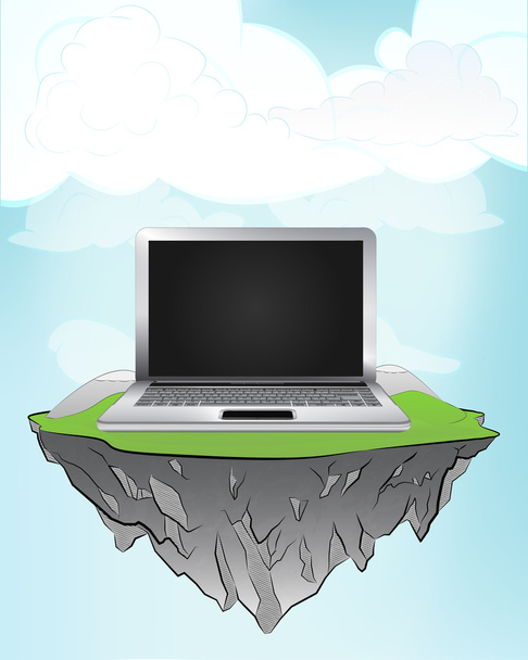 New laptop on flying island - Vector, Image