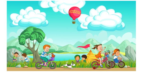 Colorful vector illustration. Summer children's rest. Happy children are resting on a picturesque meadow. They ride bicycles, play against the backdrop of mountains and blue skies. - Vector, Image