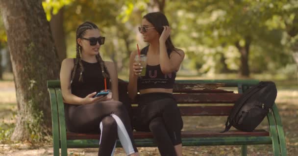 Γυναίκες φίλες κάθονται σε ένα παγκάκι στο πάρκο μια ηλιόλουστη μέρα - Πλάνα, βίντεο
