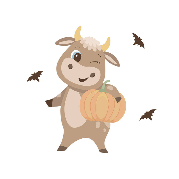 lindos toros con calabaza y bate halloween otoño aislar sobre un fondo blanco. Gráficos vectoriales - Vector, imagen