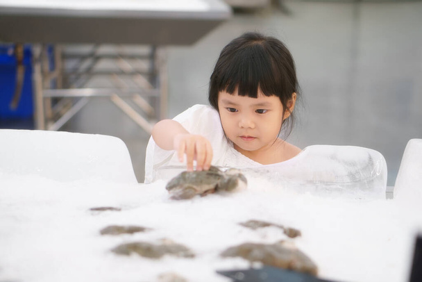 Niños asiáticos linda o niña sosteniendo y elegir la venta de rana fresca o rana toro en bandeja de hielo para comprar o comprar y cenar comida en el supermercado en los grandes almacenes - Foto, imagen