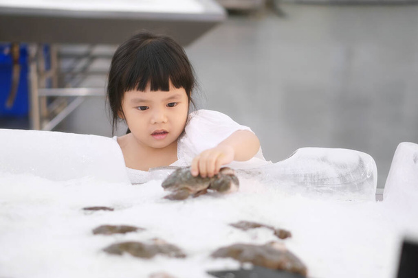 Azjatyckie dzieci słodkie lub dziewczynka gospodarstwa i wybrać sprzedaż świeżej żaby lub żaby bulwiastej w tacce na lód na zakup lub zakupy i kolacja żywności w supermarkecie w domu towarowym - Zdjęcie, obraz