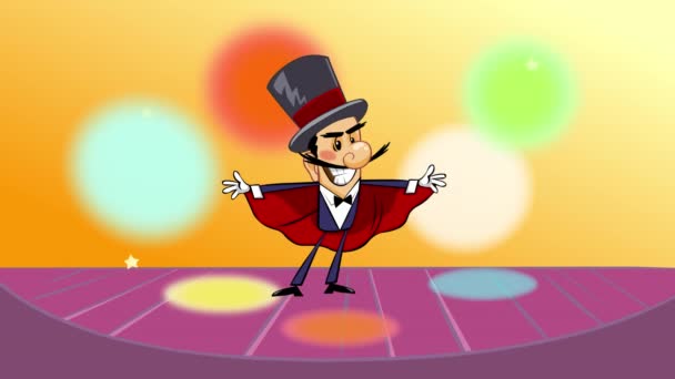 El mago de dibujos animados en el escenario del teatro. Animación de dibujos animados en bucle de un mago sonriente con sombrero de copa negro mostrando un truco en el escenario del teatro.  - Metraje, vídeo