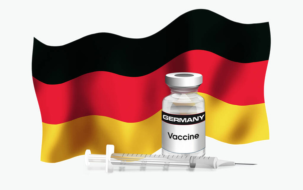 Γερμανική σημαία εμβλήματος με φιαλίδιο αντιβιοτικού για εμβολιασμό ασθενειών / Εικονογράφηση της Γερμανικής σημαίας με φιαλίδιο εμβολίου και σύριγγα. Εμβολιασμός αντίληψης σειράς - Φωτογραφία, εικόνα