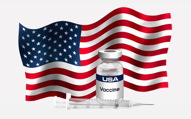 Drapeau emblème des États-Unis avec flacon d'antibiotique pour la vaccination des maladies / Illustration du drapeau américain avec flacon de vaccin et seringue. Concept de série Vaccination - Photo, image
