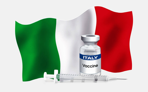 Italská vlajka s lahvičkou antibiotik pro očkování proti nemocem. Ilustrace italské vlajky s injekční lahvičkou s vakcínou a stříkačkou. Koncepce očkování Serie - Fotografie, Obrázek