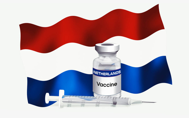 Die Flagge der Niederlande mit einem Fläschchen mit Antibiotika zur Impfung von Krankheiten. Illustration der niederländischen Flagge mit Impfflasche und Spritze. Serie Konzeptimpfungen - Foto, Bild